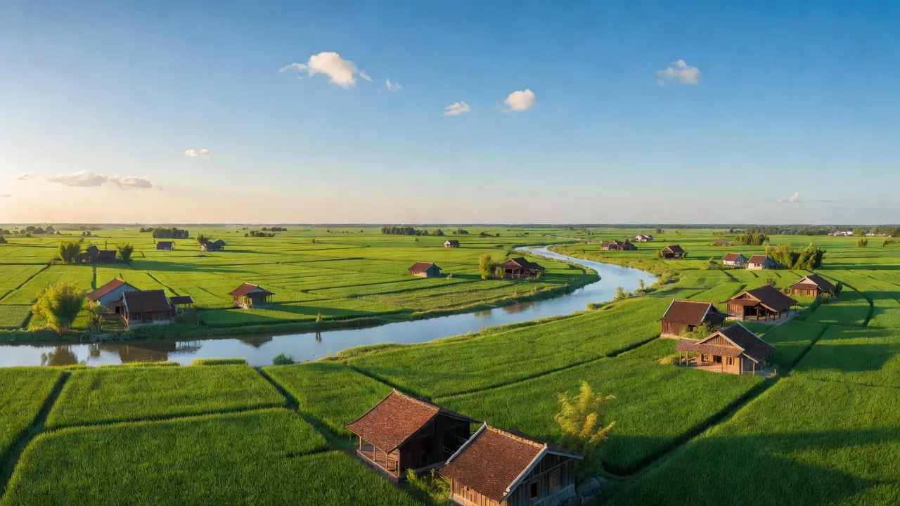 Khung cảnh xã Ninh Vân, Thành phố Hoa Lư, Ninh Bình với cánh đồng xanh và sông nước trong lành.