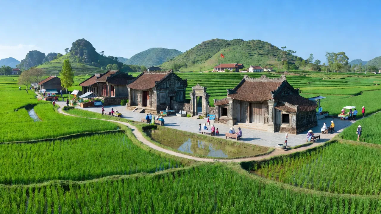 Khung cảnh xã Trường Yên, Hoa Lư, Ninh Bình với đồng xanh và kiến trúc truyền thống.