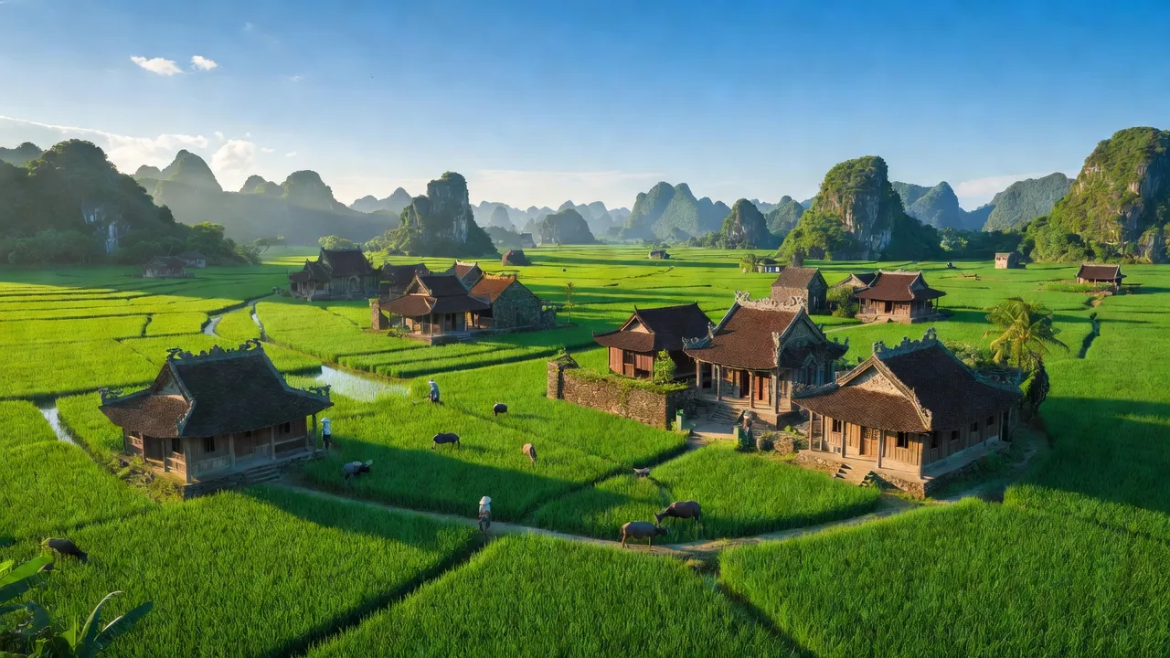 Khung cảnh Xã Trường Yên, Thành phố Hoa Lư, Ninh Bình với cánh đồng xanh và kiến trúc truyền thống.