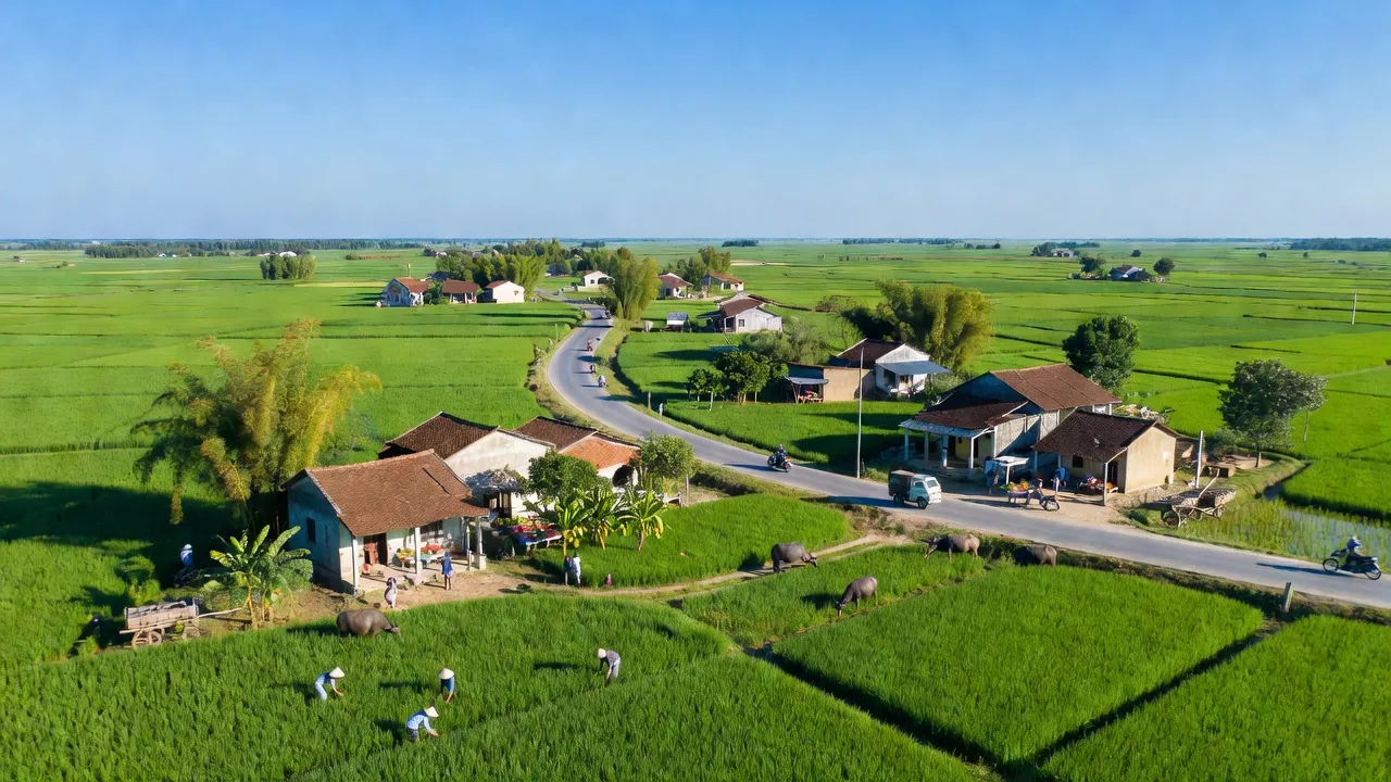 Huyện Kim Sơn, Ninh Bình với cánh đồng xanh và đường quốc lộ 10, nơi phát triển kinh tế địa phương.