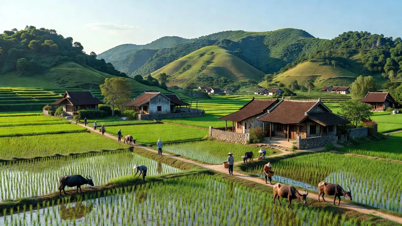 Khung cảnh huyện Kim Sơn, Ninh Bình với cánh đồng xanh và kiến trúc truyền thống, phản ánh di sản văn hóa.