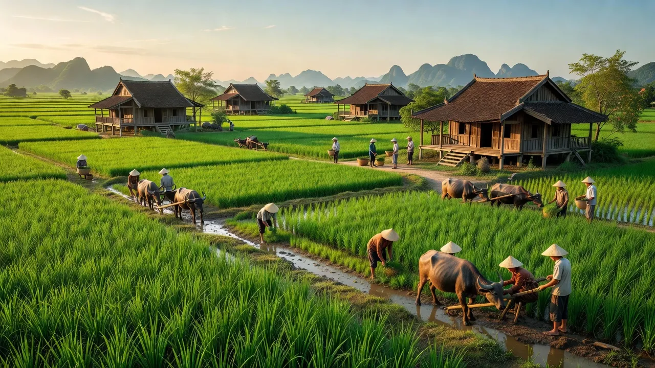 Cảnh sắc xã Ân Hòa, huyện Kim Sơn, tỉnh Ninh Bình, với cánh đồng và hoạt động nông nghiệp.