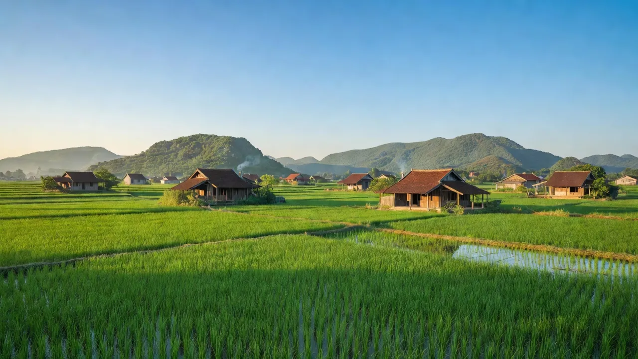 Khung cảnh làng Ân Hòa ở Kim Sơn, Ninh Bình với cánh đồng xanh và nhà truyền thống.