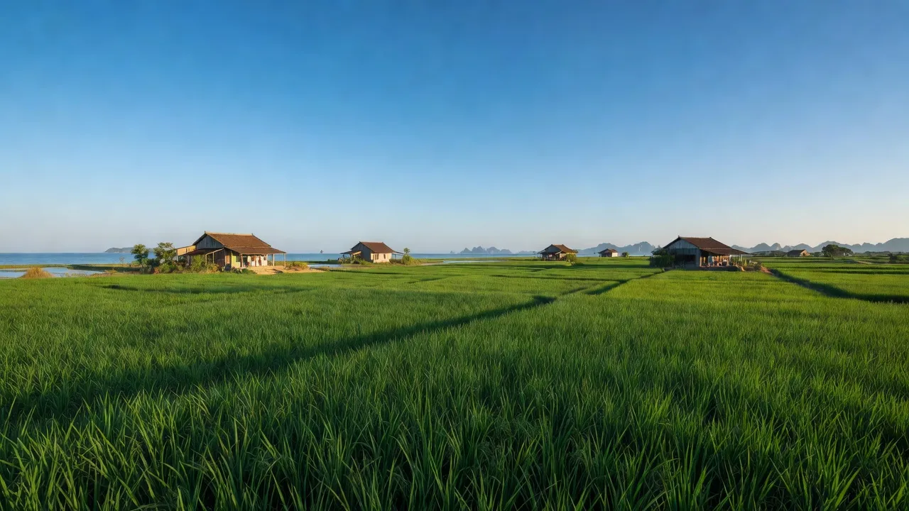 Cảnh quan thị trấn Bình Minh, huyện Kim Sơn, Ninh Bình với đồng quê xanh và trời trong.