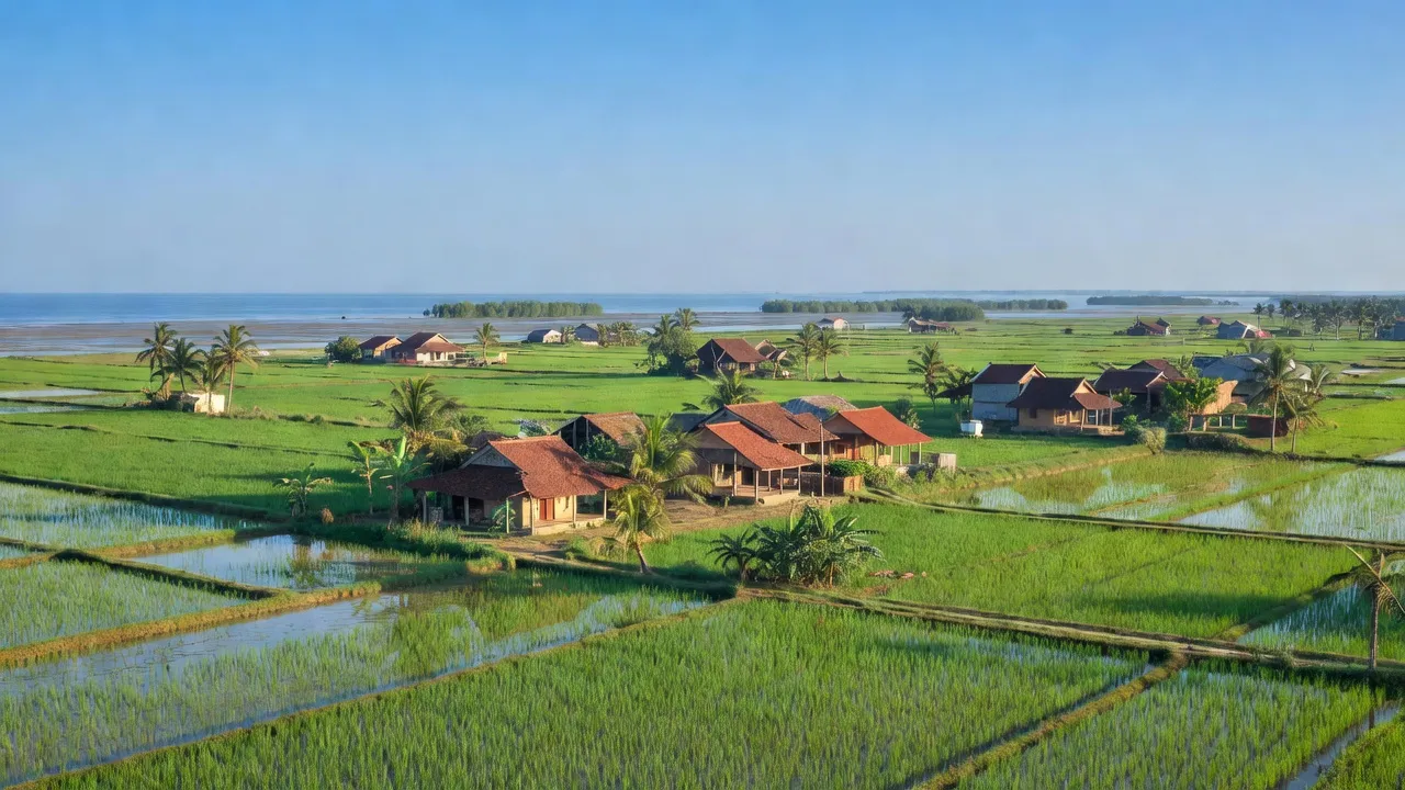 Thị trấn Bình Minh, huyện Kim Sơn với cảnh đồng lúa xanh và nhà truyền thống, Ninh Bình.