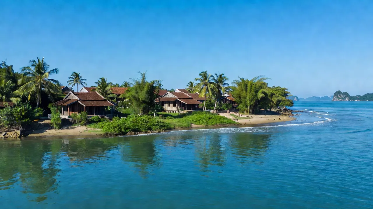 Khung cảnh ven biển tại xã Chất Bình, huyện Kim Sơn, tỉnh Ninh Bình với nhà truyền thống và thiên nhiên tươi đẹp.