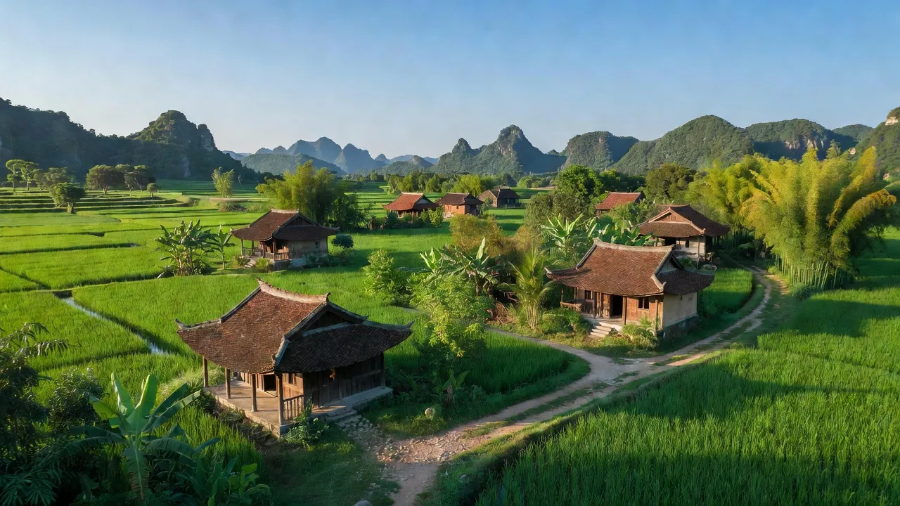 Khung cảnh thanh bình xã Định Hóa, huyện Kim Sơn, tỉnh Ninh Bình với nhà truyền thống và cây cối xanh tốt.