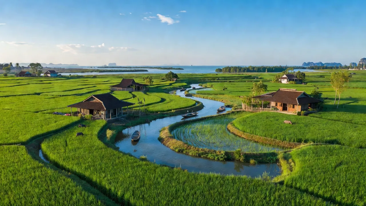 Nông thôn xã Đồng Hướng, huyện Kim Sơn, tỉnh Ninh Bình với cánh đồng và bờ biển.