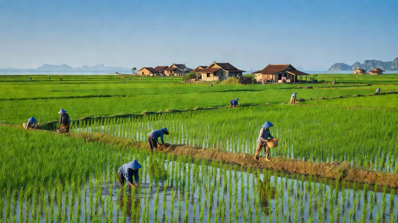 Cảnh quan hùng vĩ xã Hồi Ninh, huyện Kim Sơn, tỉnh Ninh Bình với đồng ruộng xanh tốt và làng quê.