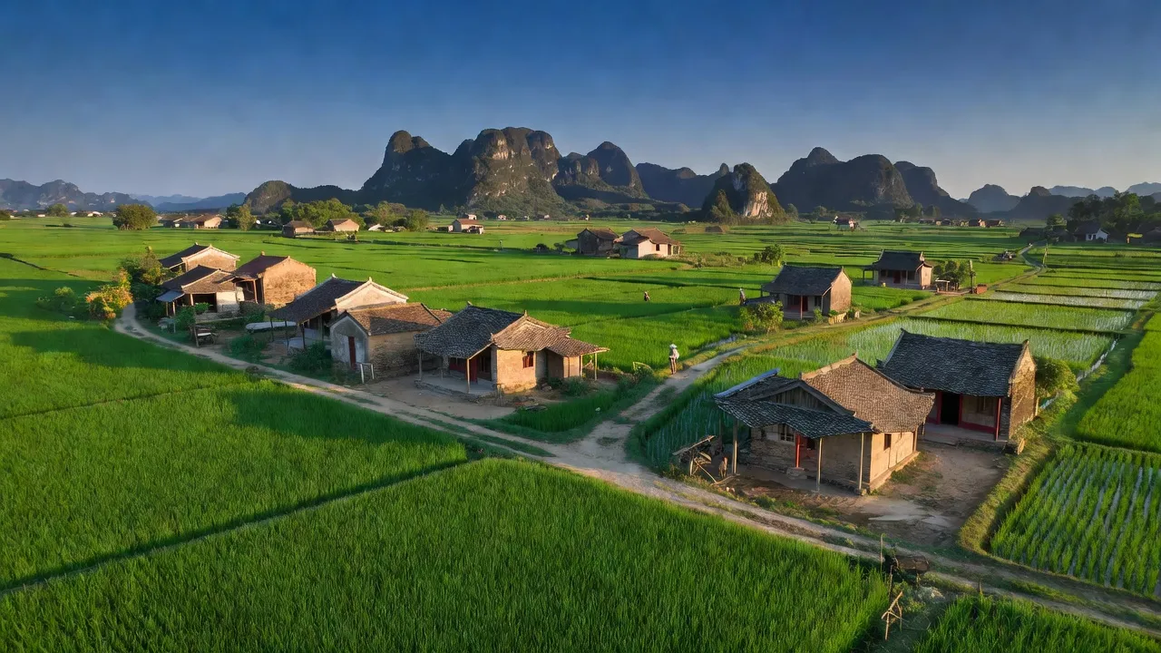 Cảnh đẹp xã Hùng Tiến, huyện Kim Sơn, Ninh Bình với đồng quê xanh tươi và nhà truyền thống.