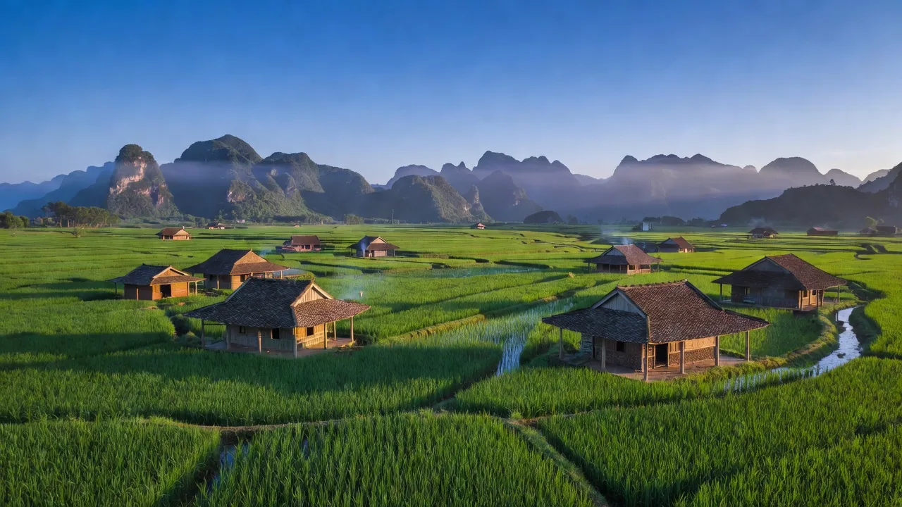 Cảnh đồng xanh ở xã Hùng Tiến, huyện Kim Sơn, tỉnh Ninh Bình với nhà truyền thống.