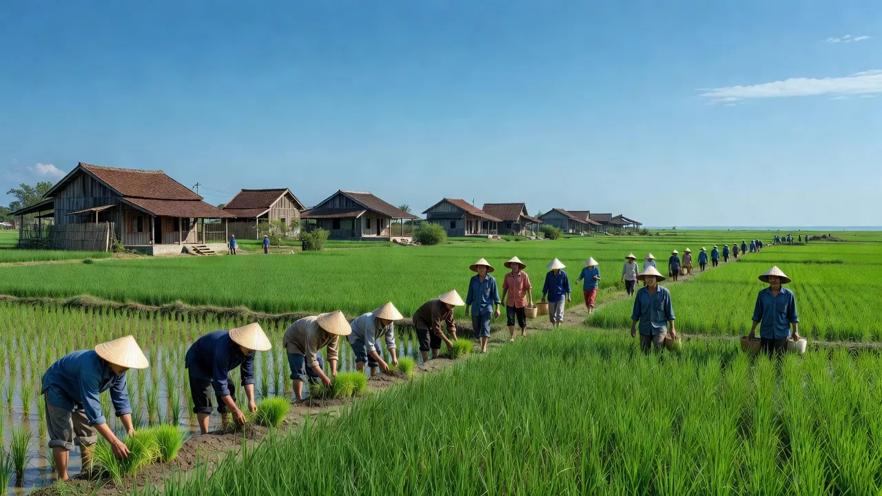 Khung cảnh xã Kim Chính, huyện Kim Sơn, Ninh Bình với cánh đồng xanh và nhà truyền thống.
