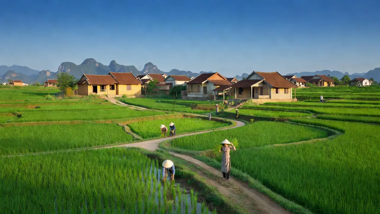 Khung cảnh làng Kim Định, huyện Kim Sơn, tỉnh Ninh Bình với cánh đồng xanh và nhà truyền thống.