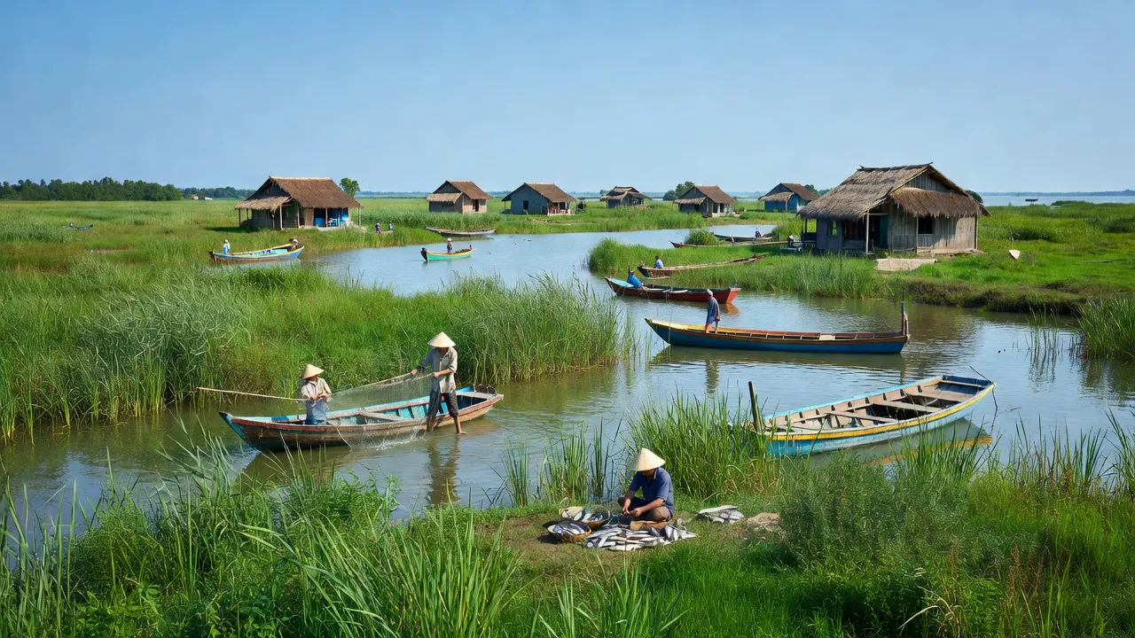Cảnh quan ven biển xã Kim Đông, huyện Kim Sơn, tỉnh Ninh Bình với ngôi nhà truyền thống và người dân đánh cá.