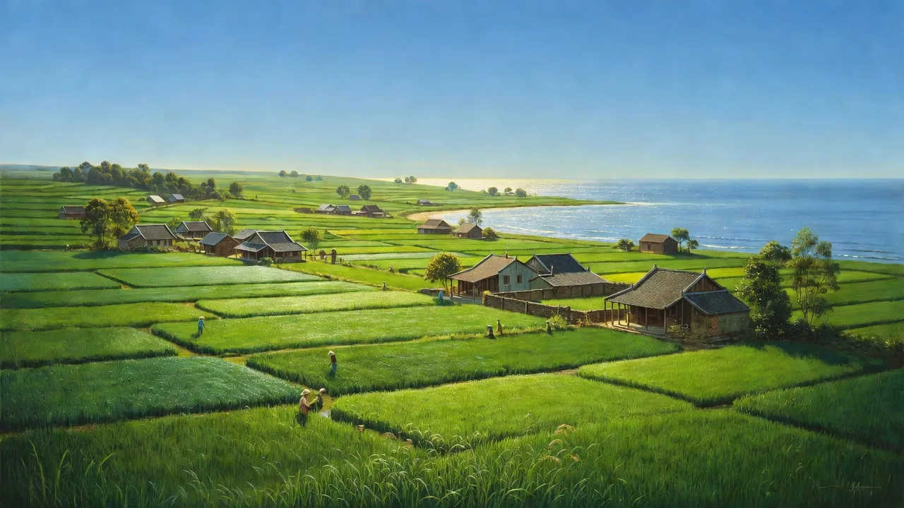 Khung cảnh xã Kim Mỹ, huyện Kim Sơn, Ninh Bình với cánh đồng xanh và biển lấp lánh.