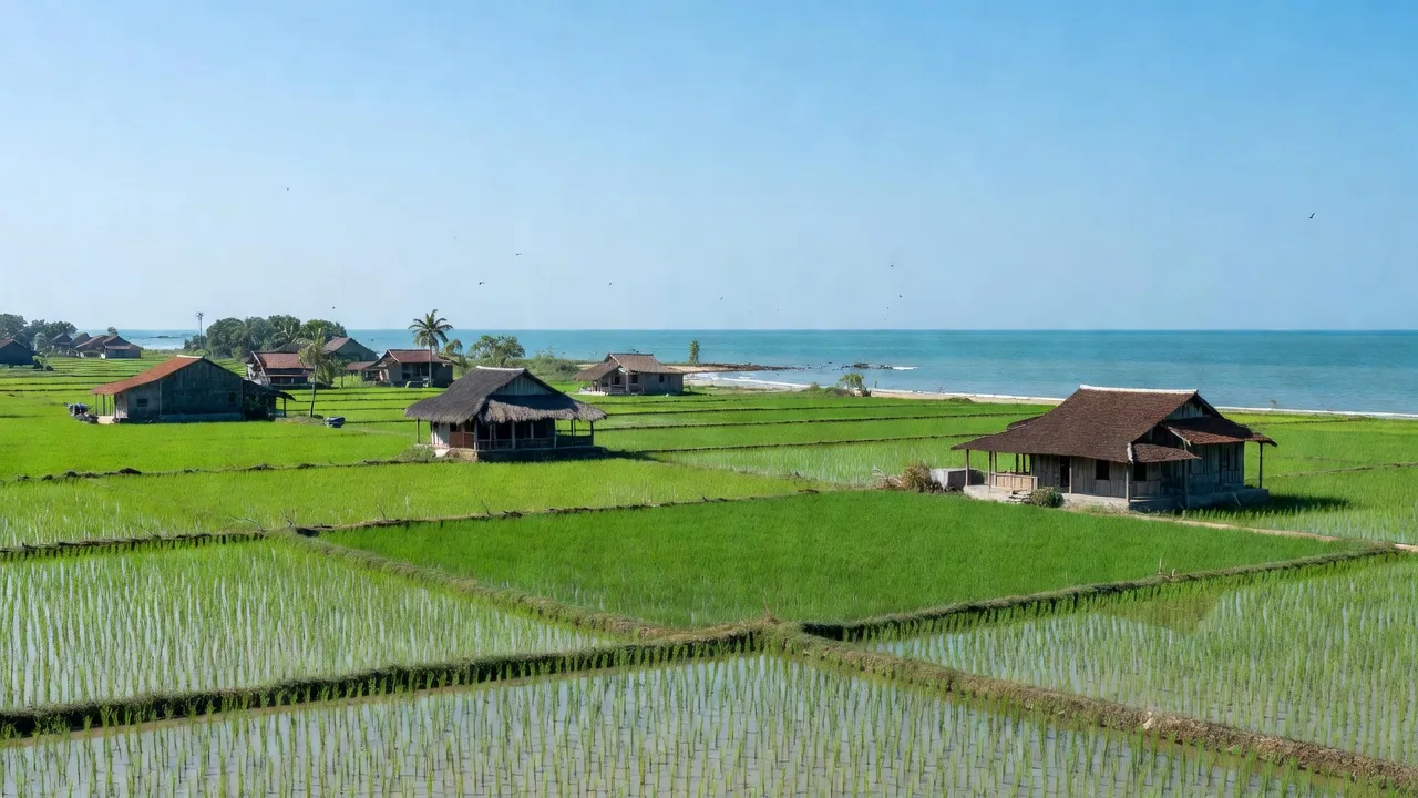 Khung cảnh yên bình xã Kim Mỹ, huyện Kim Sơn, tỉnh Ninh Bình với nhà truyền thống và bãi biển.