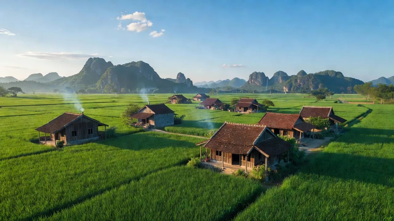 Cảnh đẹp xã Kim Tân, huyện Kim Sơn, tỉnh Ninh Bình với cánh đồng xanh và nhà truyền thống.