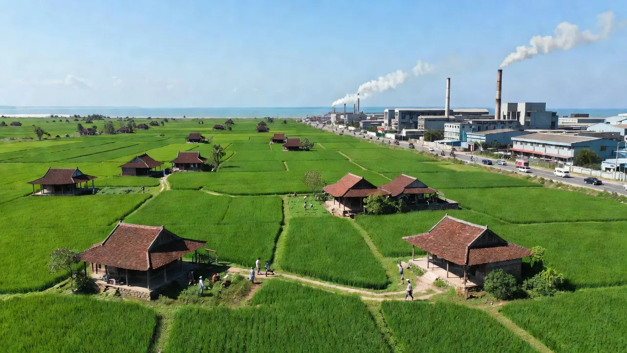 Cảnh quan xã Kim Trung, huyện Kim Sơn, tỉnh Ninh Bình với đất đai màu mỡ và khu công nghiệp.
