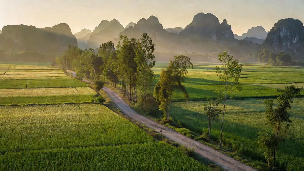 Cảnh đẹp xã Lai Thành, huyện Kim Sơn, Ninh Bình, với cánh đồng xanh và núi non hùng vĩ.