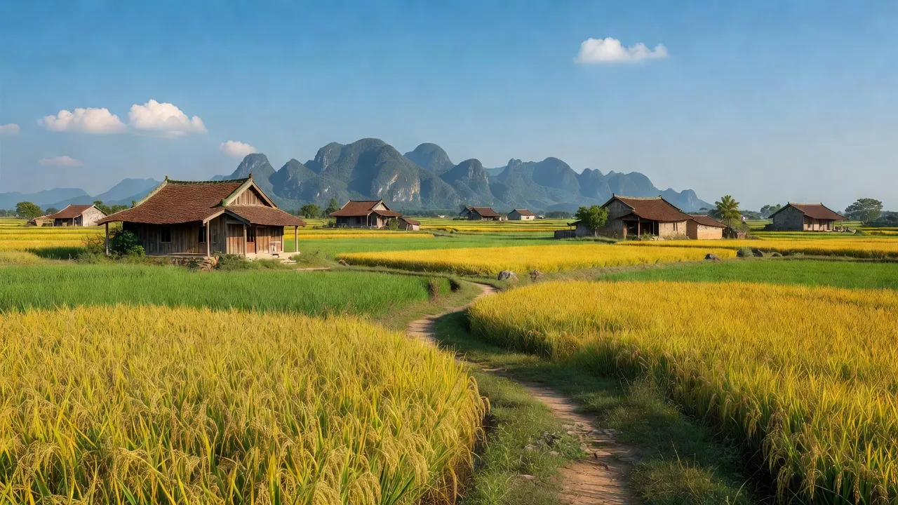 Cảnh sắc nông thôn xã Lai Thành, huyện Kim Sơn, Ninh Bình với đồng xanh và núi