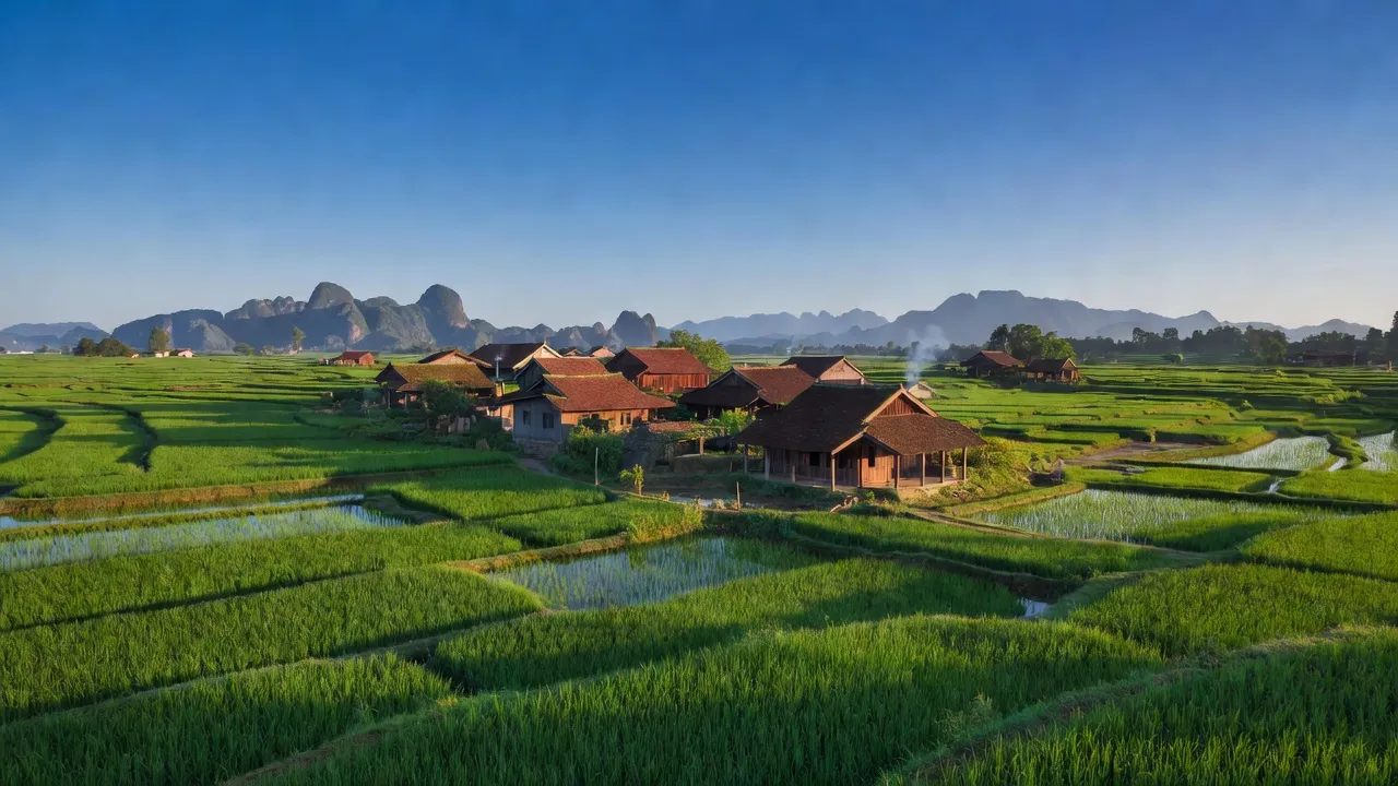 Cảnh đẹp xã Như Hòa, huyện Kim Sơn, Ninh Bình với cánh đồng xanh mướt và nhà truyền thống.