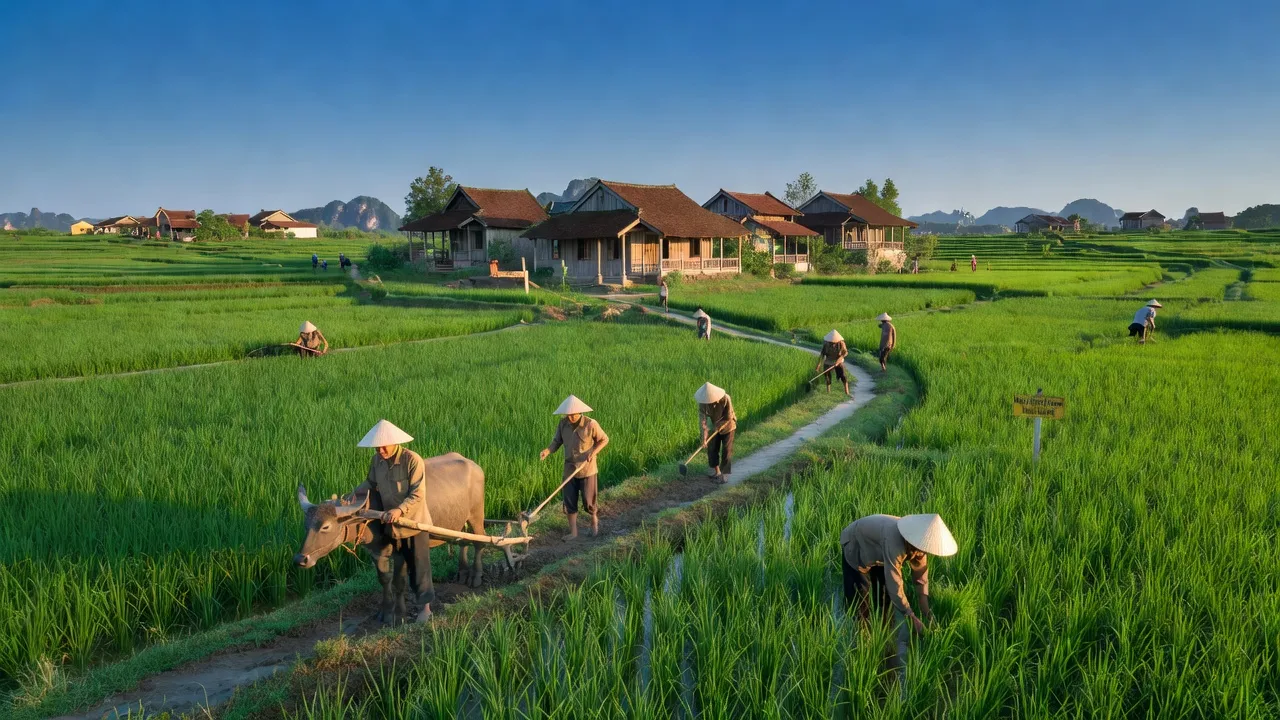 Cảnh đồng ruộng xanh tươi ở xã Như Hòa, huyện Kim Sơn, tỉnh Ninh Bình, Việt Nam.
