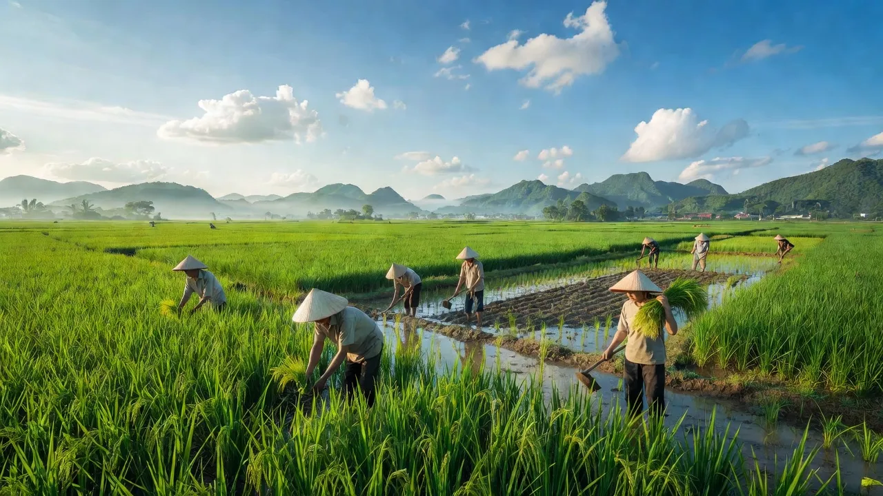 Cánh đồng lúa xanh tươi tại xã Quang Thiện, huyện Kim Sơn, tỉnh Ninh Bình với hoạt động nông nghiệp.