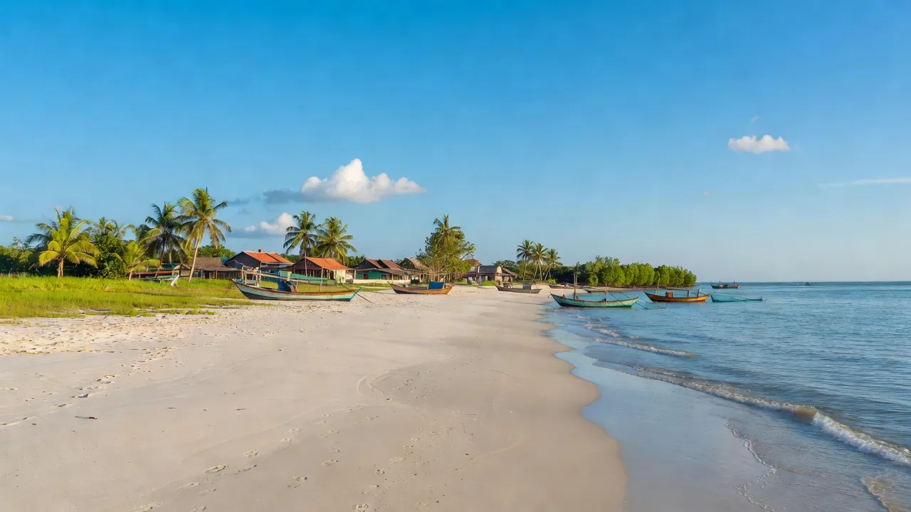 Khung cảnh bờ biển xã Tân Thành, huyện Kim Sơn, tỉnh Ninh Bình với cát trắng và sóng biển.