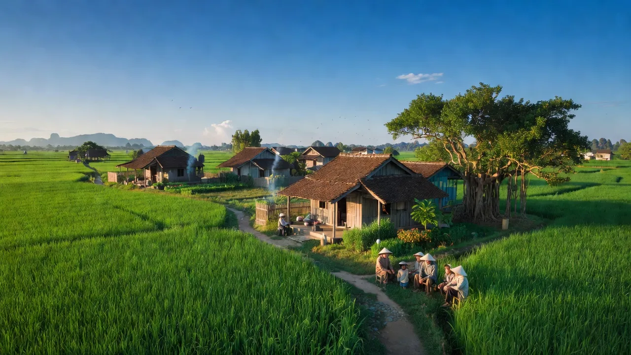 Cảnh nông thôn xã Thượng Kiệm, huyện Kim Sơn, Ninh Bình với cánh đồng xanh và nhà truyền thống.