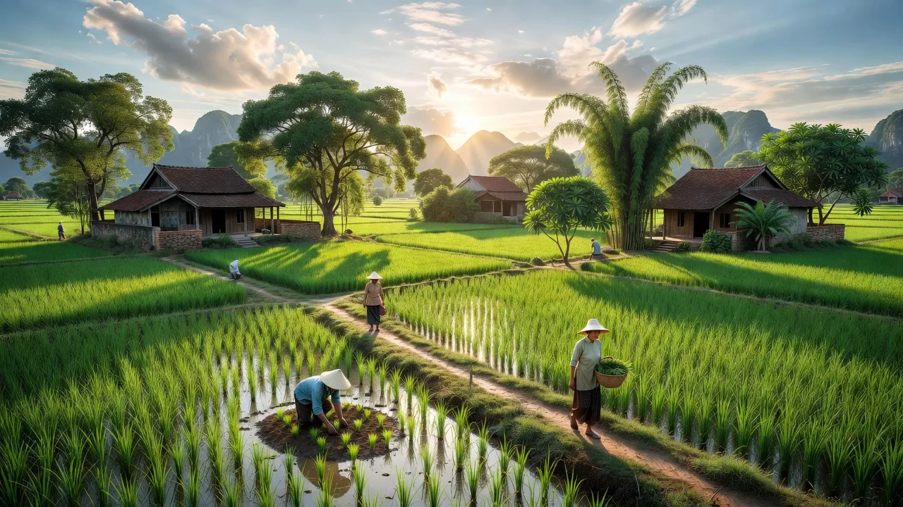 Cảnh sắc nông thôn xã Thượng Kiệm, huyện Kim Sơn, Ninh Bình, cánh đồng xanh tươi và ngôi nhà truyền thống.