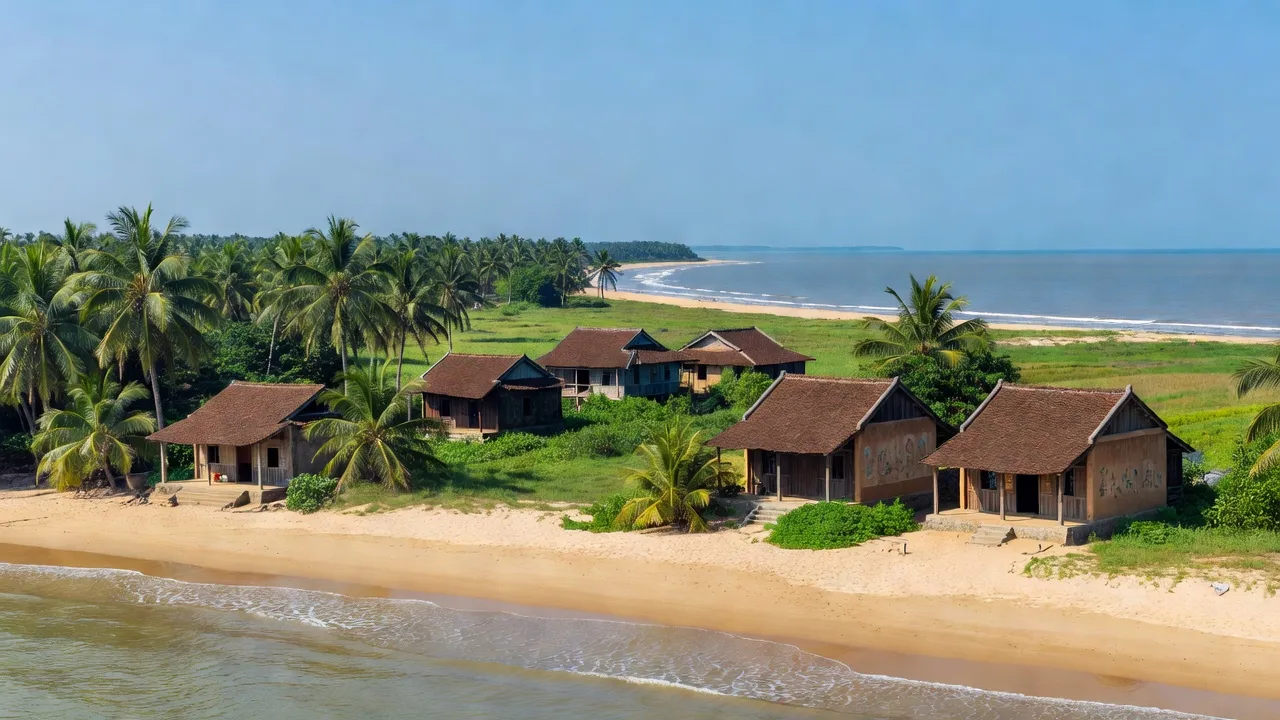 Khung cảnh đẹp tại xã Văn Hải, huyện Kim Sơn, Ninh Bình với biển và nhà truyền thống.