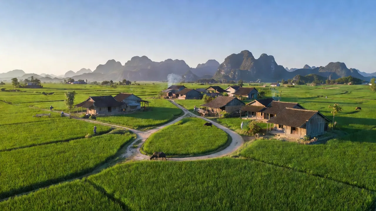 Khung cảnh làng Xuân Chính, huyện Kim Sơn, Ninh Bình với ruộng xanh và nhà truyền thống.