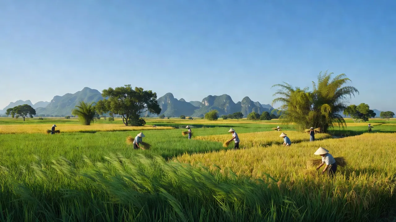 Phong cảnh xanh tươi của xã Yên Lộc, huyện Kim Sơn, Ninh Bình, với cánh đồng và núi non.