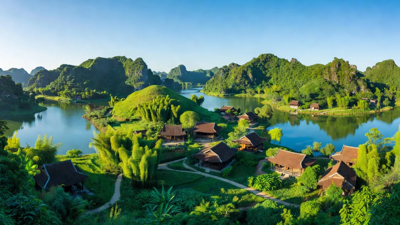 Khung cảnh huyện Nho Quan, Ninh Bình với những đồi xanh, hồ nước và nhà truyền thống.