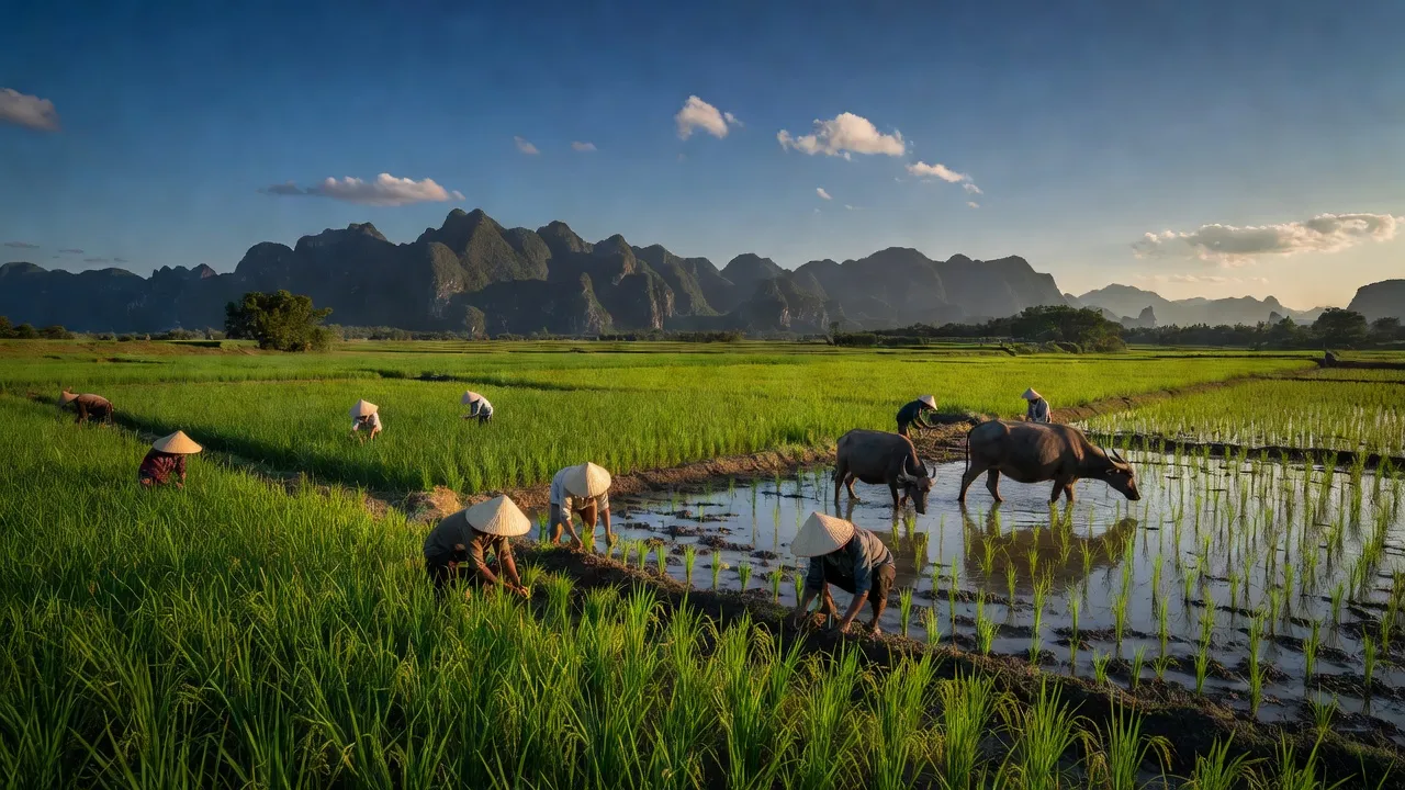 Cảnh đẹp nông thôn xã Cúc Phương, huyện Nho Quan, tỉnh Ninh Bình, với cánh đồng xanh và người dân.