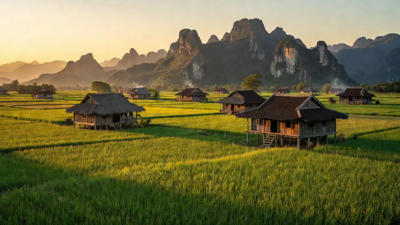 Cảnh quan nông thôn xã Cúc Phương, huyện Nho Quan, Ninh Bình với cánh đồng và núi non.