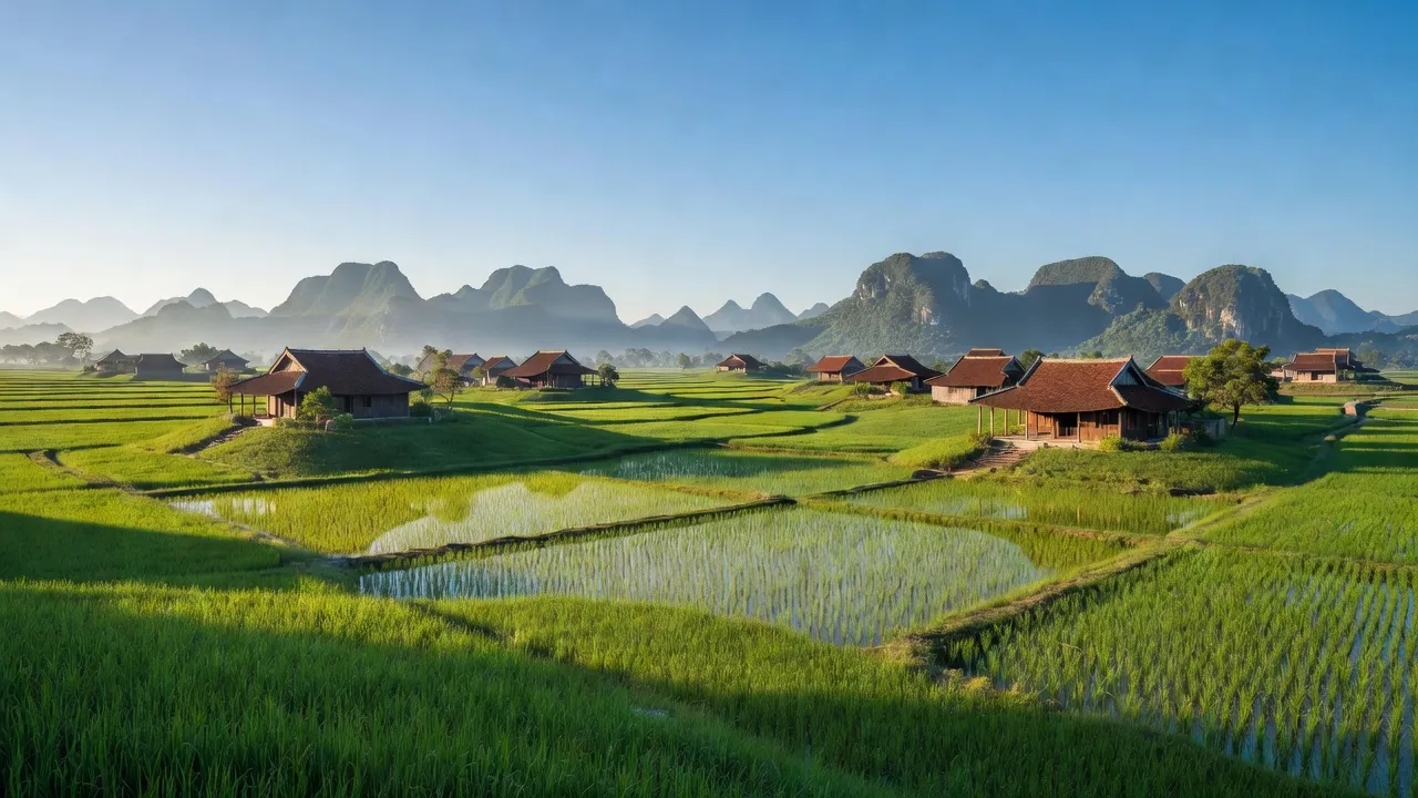 Khung cảnh đồng quê Xã Đồng Phong, huyện Nho Quan, tỉnh Ninh Bình với cánh đồng xanh mướt.