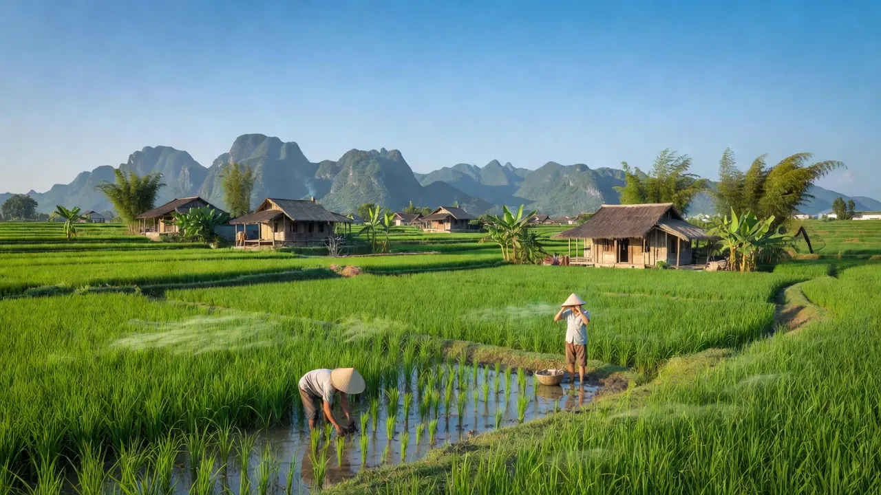 Khung cảnh xã Đức Long, huyện Nho Quan, tỉnh Ninh Bình với cánh đồng lúa và nhà truyền thống.