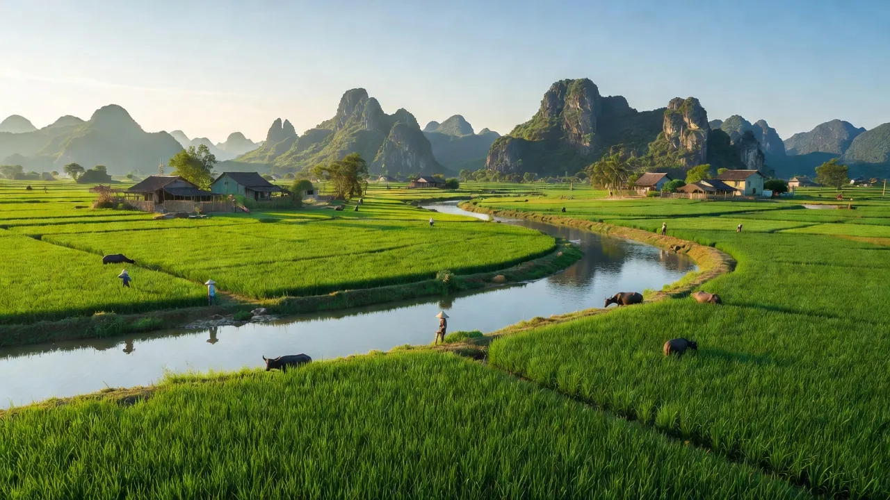 Cảnh đẹp xã Gia Lâm, huyện Nho Quan, tỉnh Ninh Bình với dòng sông Na và cánh đồng xanh.