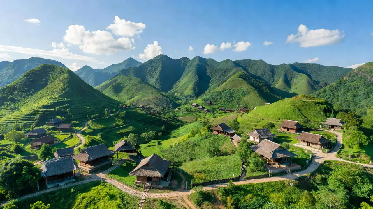 Khung cảnh tự nhiên xã Gia Thủy, huyện Nho Quan, tỉnh Ninh Bình với núi non xanh tốt và nhà truyền thống.