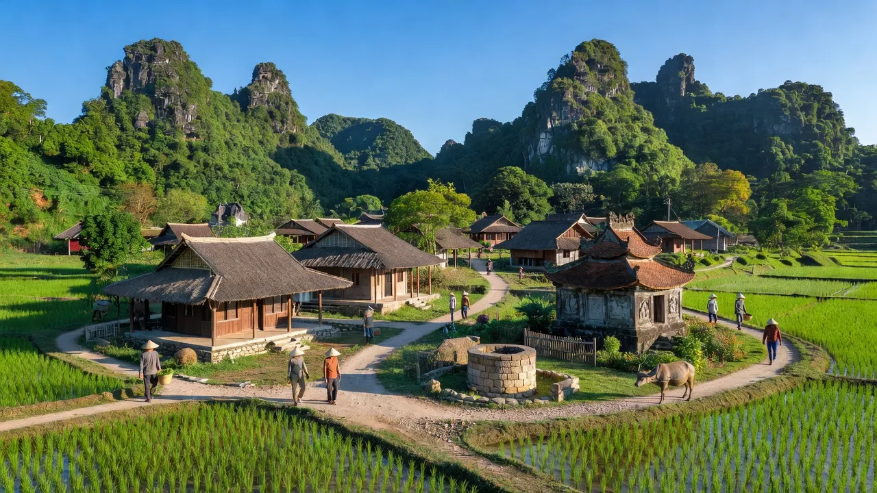 Landschaft xã Gia Thủy, huyện Nho Quan, tỉnh Ninh Bình với núi non xanh tươi và nhà truyền thống.