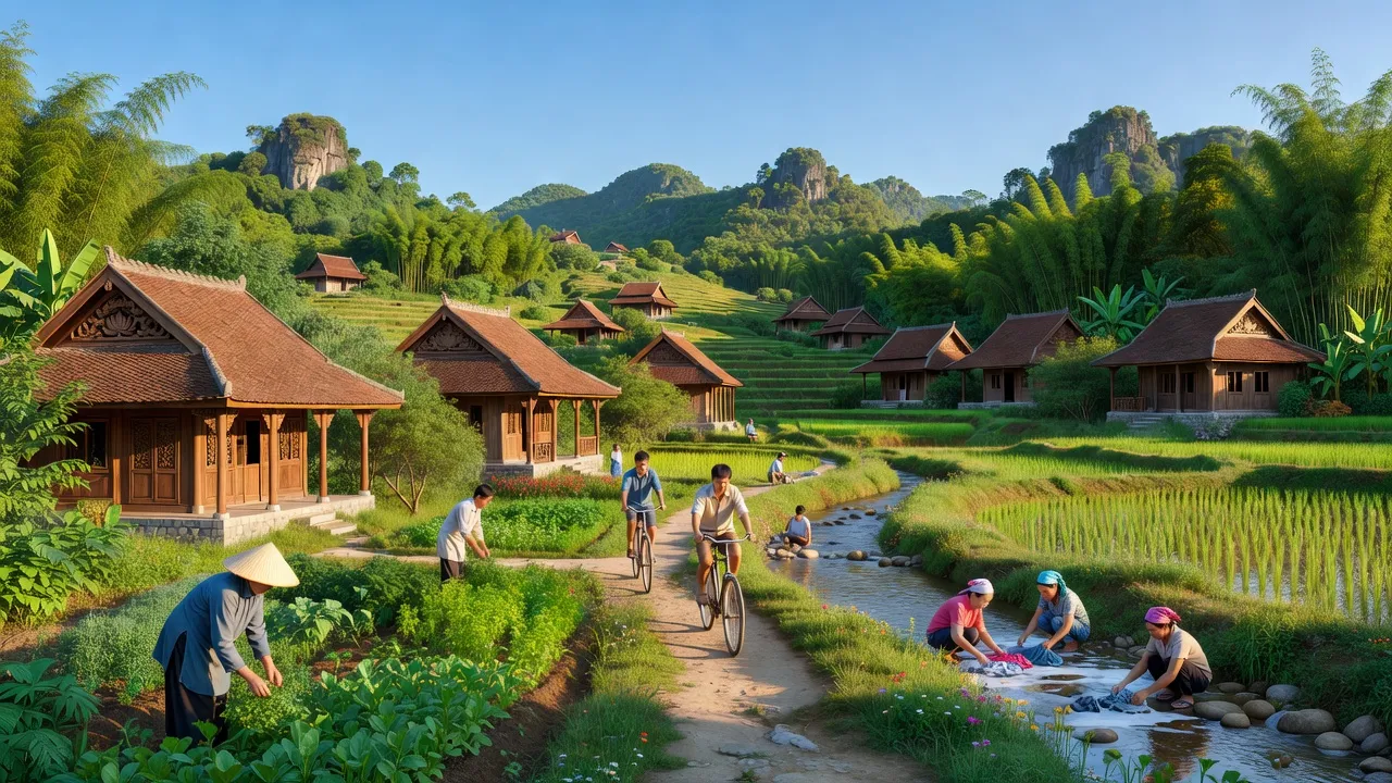 Cảnh quan xã Gia Tường, huyện Nho Quan, tỉnh Ninh Bình với thiên nhiên tươi đẹp và hoạt động của người dân.