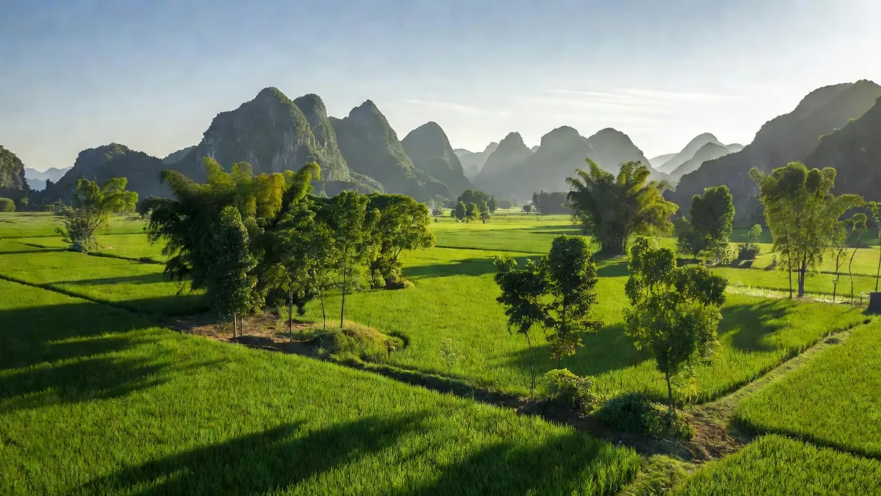 Cảnh đẹp nông thôn xã Lạc Vân, huyện Nho Quan, tỉnh Ninh Bình với cánh đồng và núi.