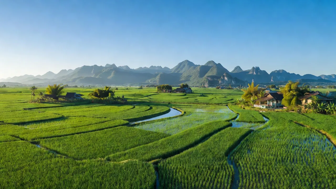 Cảnh sắc xã Lạc Vân, huyện Nho Quan, Ninh Bình với núi non và cánh đồng xanh tươi.