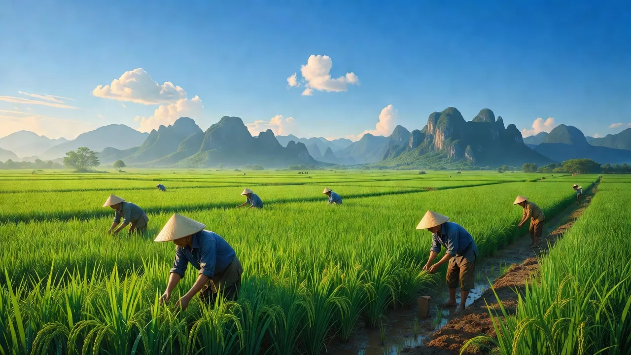 Cảnh đồng xanh tươi ở xã Phú Lộc, Nho Quan, Ninh Bình với người nông dân và bầu trời trong xanh.