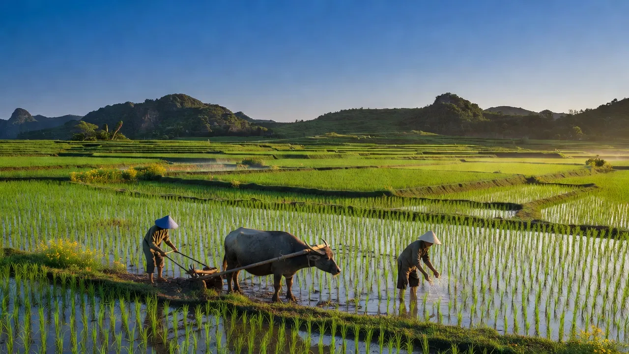 Khung cảnh xã Phú Lộc, huyện Nho Quan, tỉnh Ninh Bình với cánh đồng lúa xanh và đồi nhẹ nhàng.