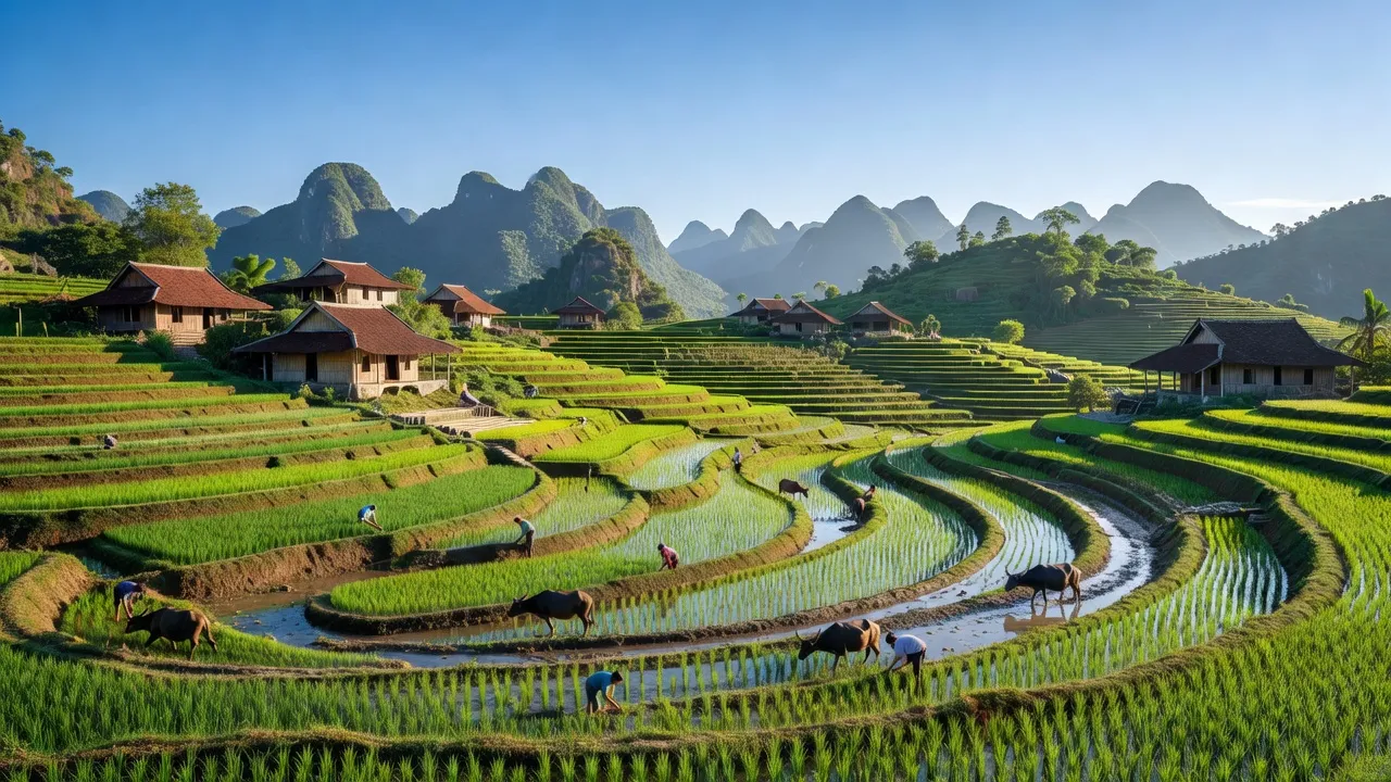 Cảnh quan Xã Phú Long, huyện Nho Quan, Ninh Bình với ruộng bậc thang và nhà truyền thống.