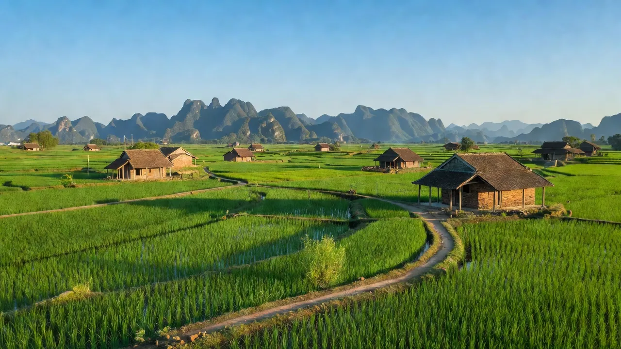 Phong cảnh xã Phúc Sơn, huyện Nho Quan, tỉnh Ninh Bình với cánh đồng xanh mướt và nhà cổ.