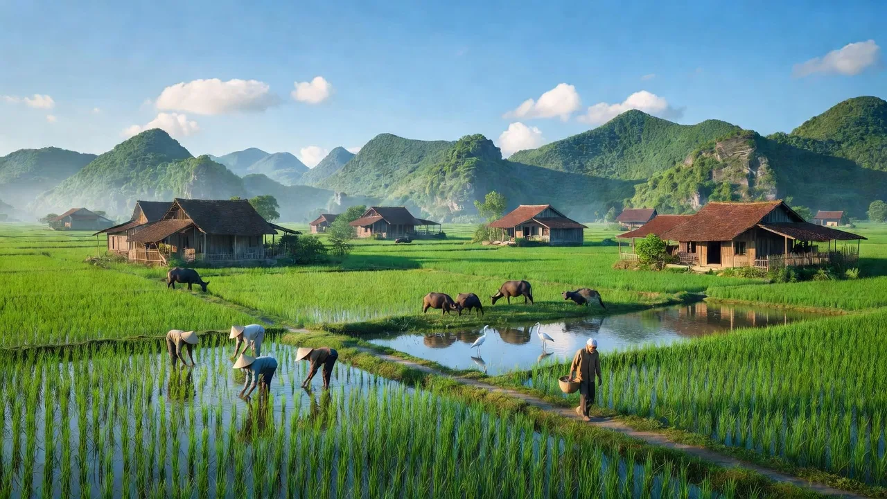 Cảnh đẹp xã Quảng Lạc, huyện Nho Quan, tỉnh Ninh Bình với đồng xanh và cuộc sống bình yên.