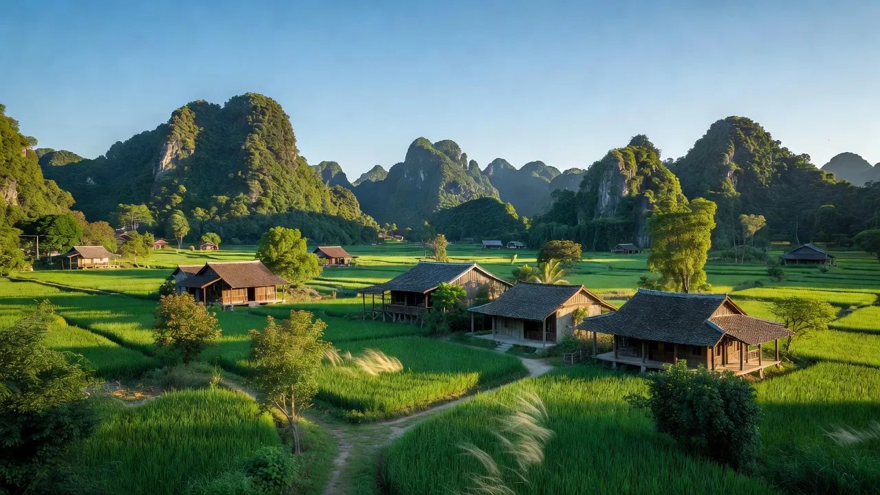 Quang Lạc, Nho Quan, Ninh Bình; tranquil rural landscape with mountains and traditional houses.
